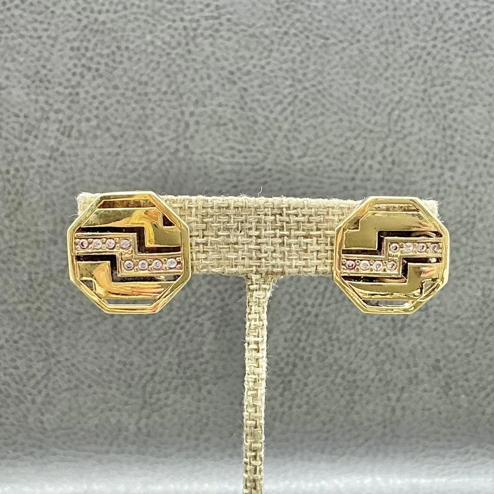 Vintage Avon Earrings Gold Tone Octagon Stud Womens Rhinestone Clip‎ On Jewelry